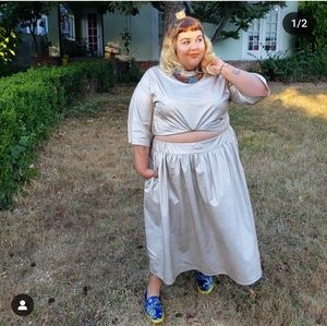 Custom made champagne faux leather shirt and skirt set